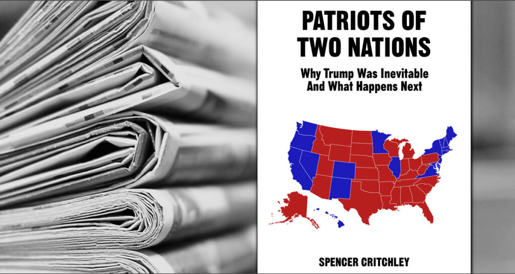Photo illustration: Patriots of Two Nations book cover with stack of newspapers