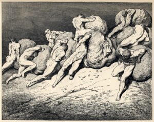 Illustration by Gustave Doré: hoarders and wasters with money bags in the 4th circle of Hell in Dante's Inferno