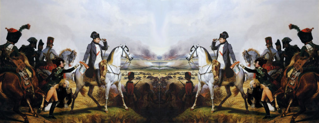 Mirrored collage of the painting the Battle of Wagram by Horace Vernet, showing two identical Napoleons and their armies, facing each other.